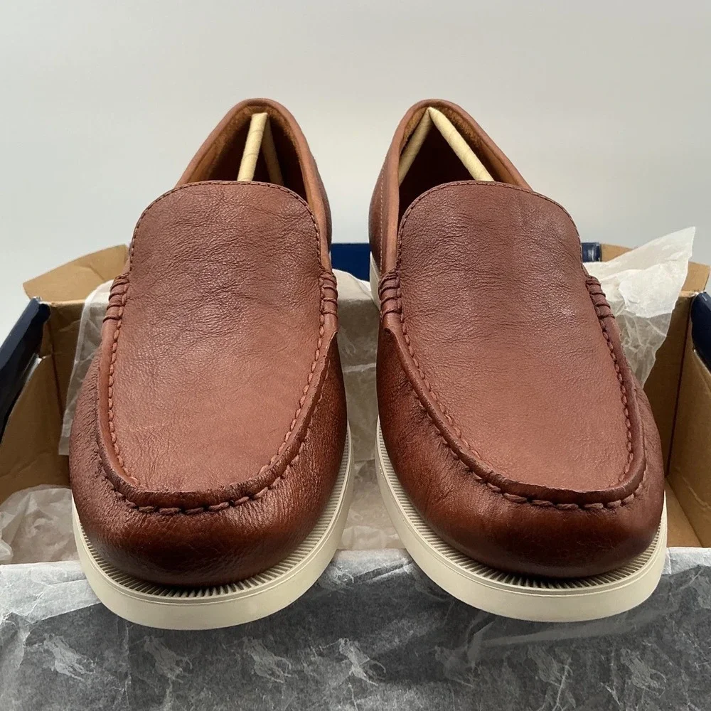 Polo Ralph Lauren Mens Pebbled Leather Loafers Tan Brown Moc Toe Slip On Shoes‎